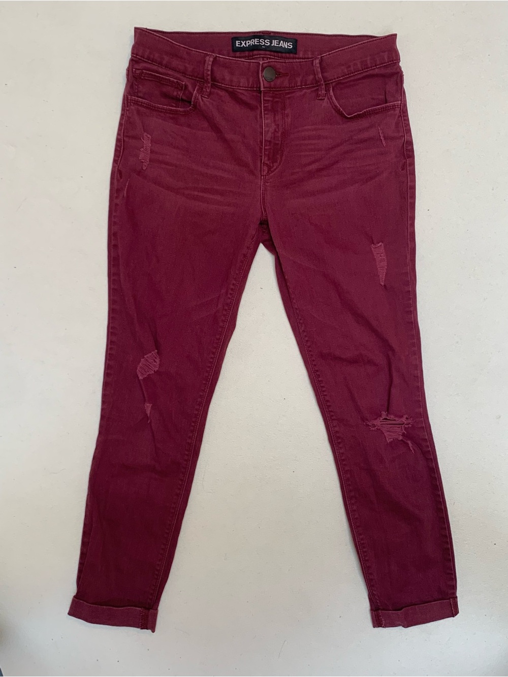 Express Mid Rid Ankle Demin Leggings Distressed Dark Red Women Sz 6 Cuffed Jeans